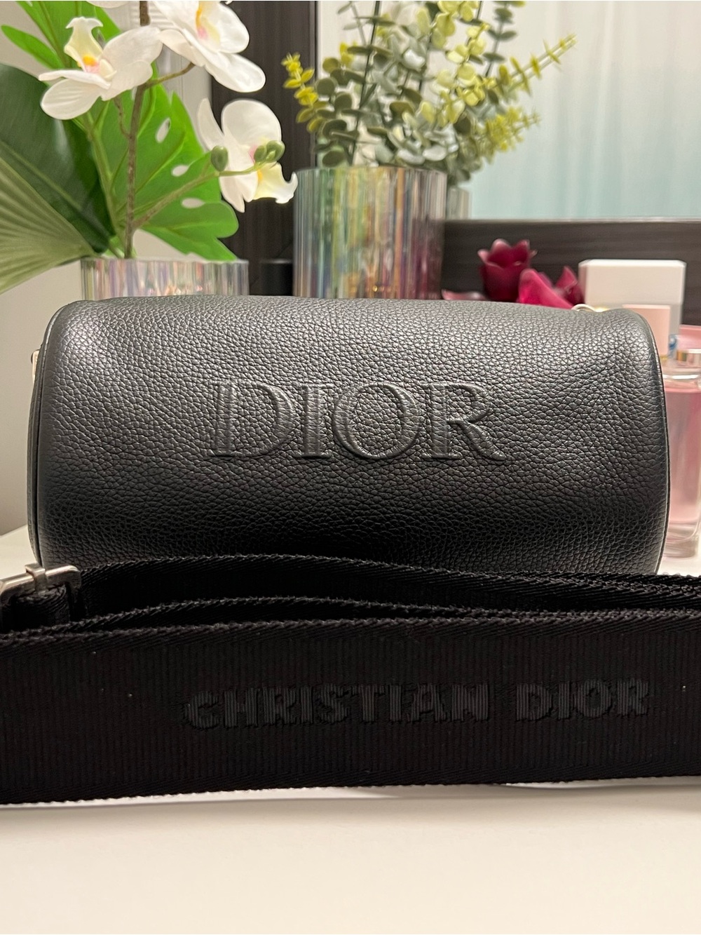Black Leather Dior Embossed Messenger Roller Crossbody Bag